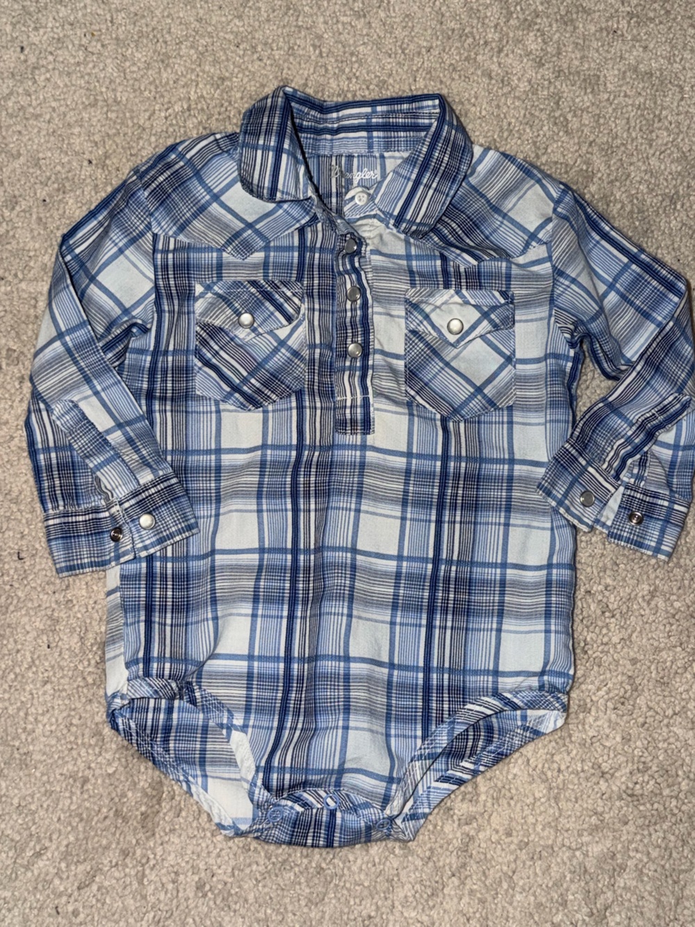 Wrangler Blue and White Plaid Pearl Snap-Front Baby Onesie Shirt 18